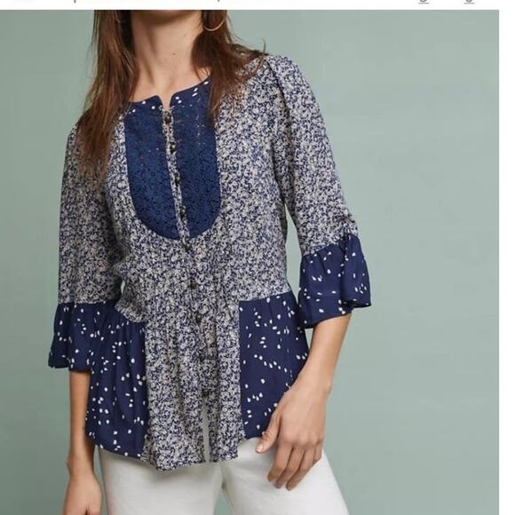Maeve Tops - Anthropologie Maeve Navy Blue Hiver Lace Bib Front Blouse Size 4